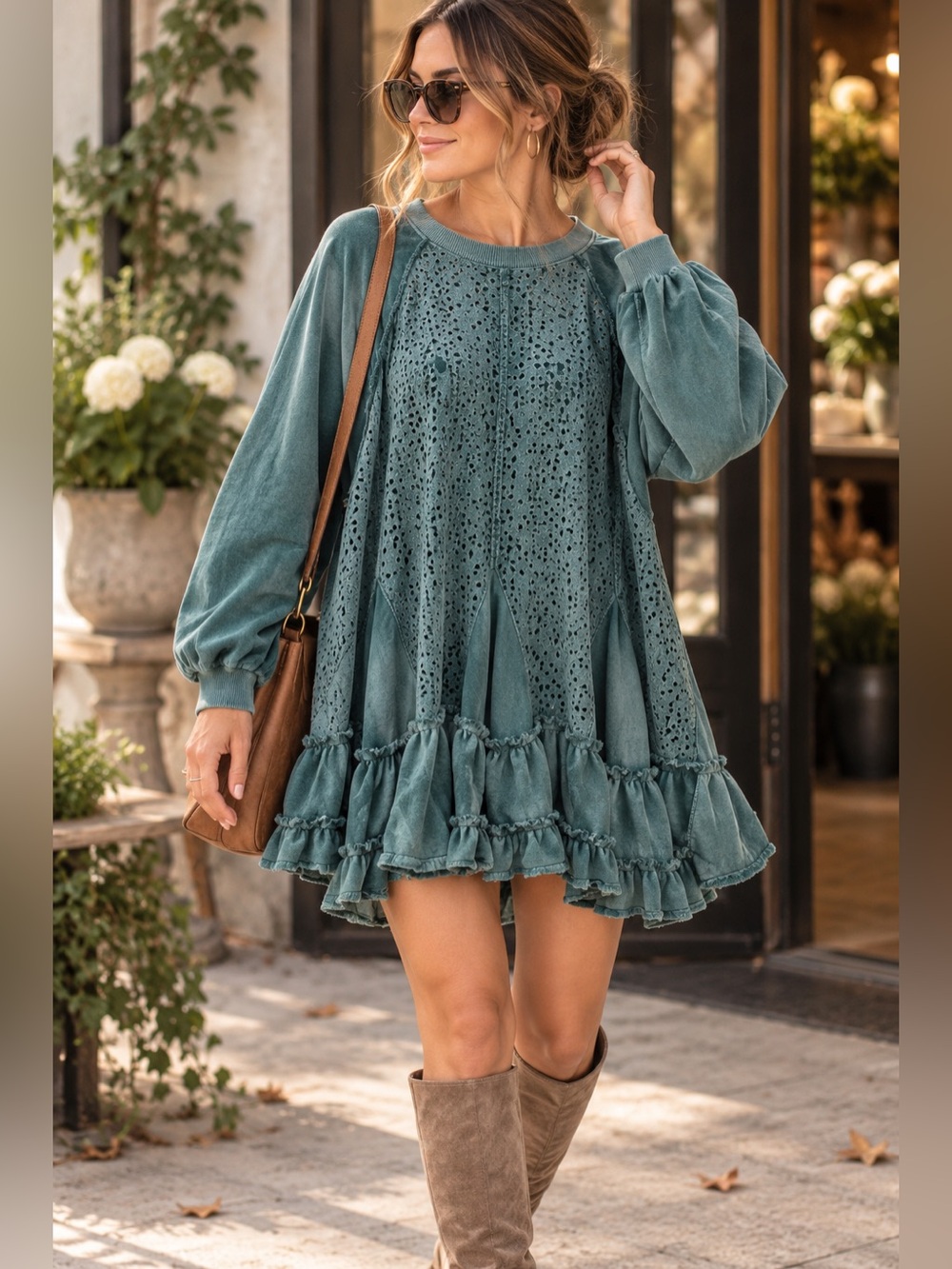 Free People Eva Sweatshirt XL Rainforest Eyelet Ruffle Boho Tunic